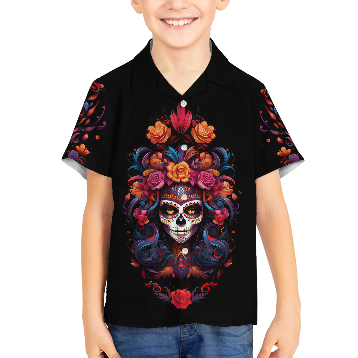 Day of Dead Skull Family Matching Puletasi Dress and Hawaiian Shirt Sugar Skull Festival Lady - Wonder Print Shop