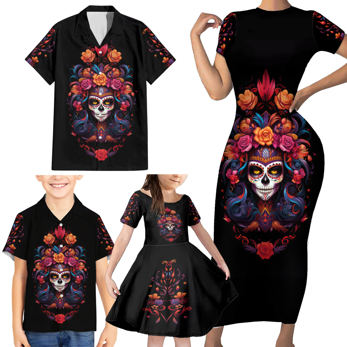 Day of Dead Skull Family Matching Short Sleeve Bodycon Dress and Hawaiian Shirt Sugar Skull Festival Lady - Wonder Print Shop