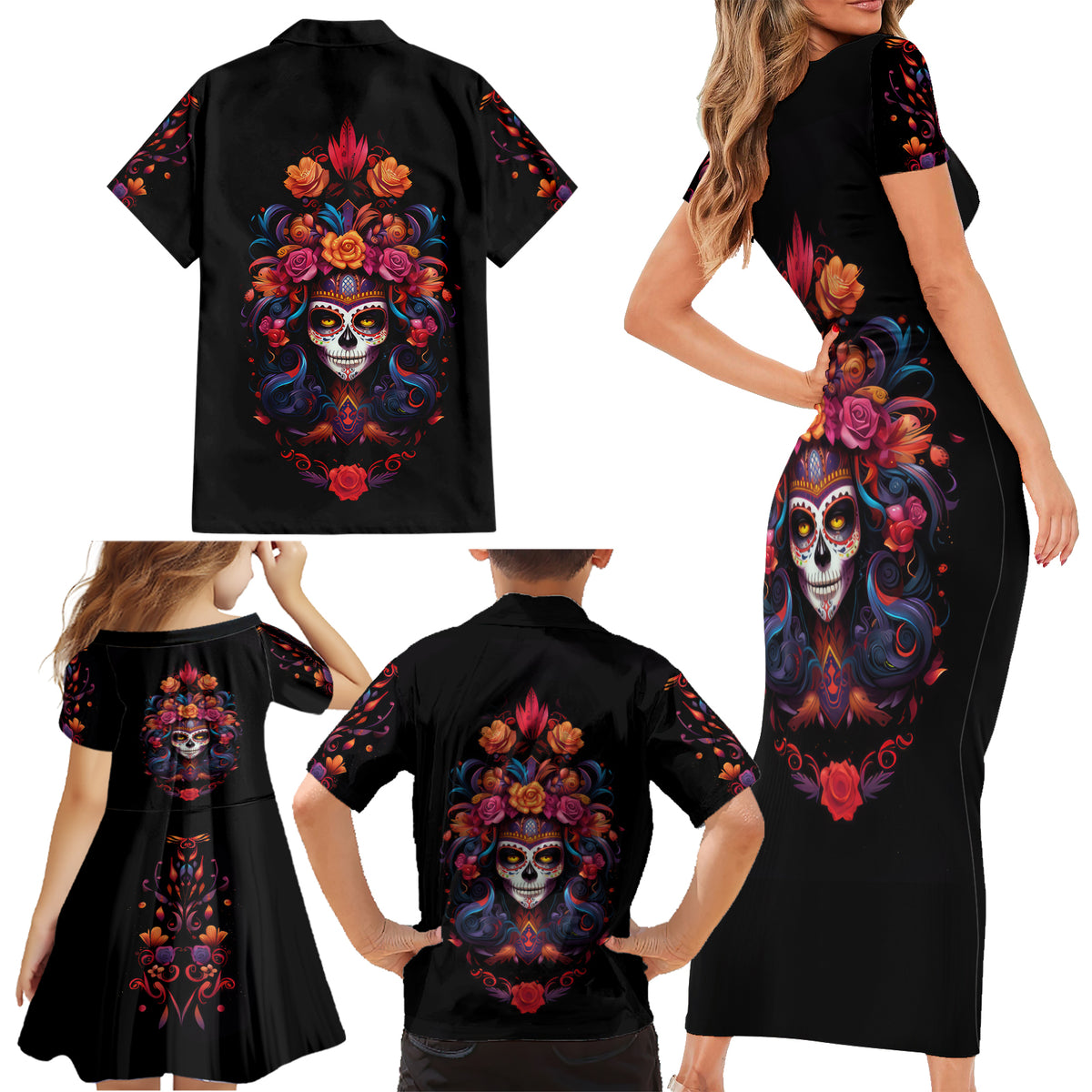 Day of Dead Skull Family Matching Short Sleeve Bodycon Dress and Hawaiian Shirt Sugar Skull Festival Lady - Wonder Print Shop
