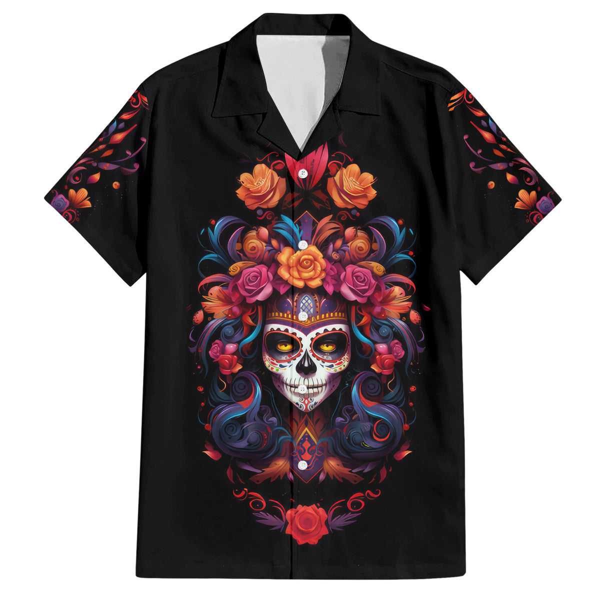 Day of Dead Skull Family Matching Short Sleeve Bodycon Dress and Hawaiian Shirt Sugar Skull Festival Lady - Wonder Print Shop