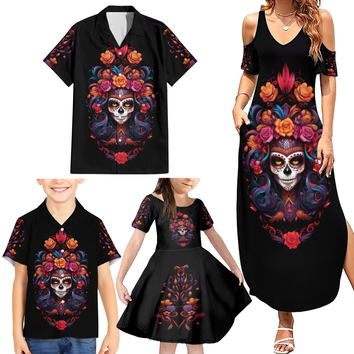 Day of Dead Skull Family Matching Summer Maxi Dress and Hawaiian Shirt Sugar Skull Festival Lady - Wonder Print Shop