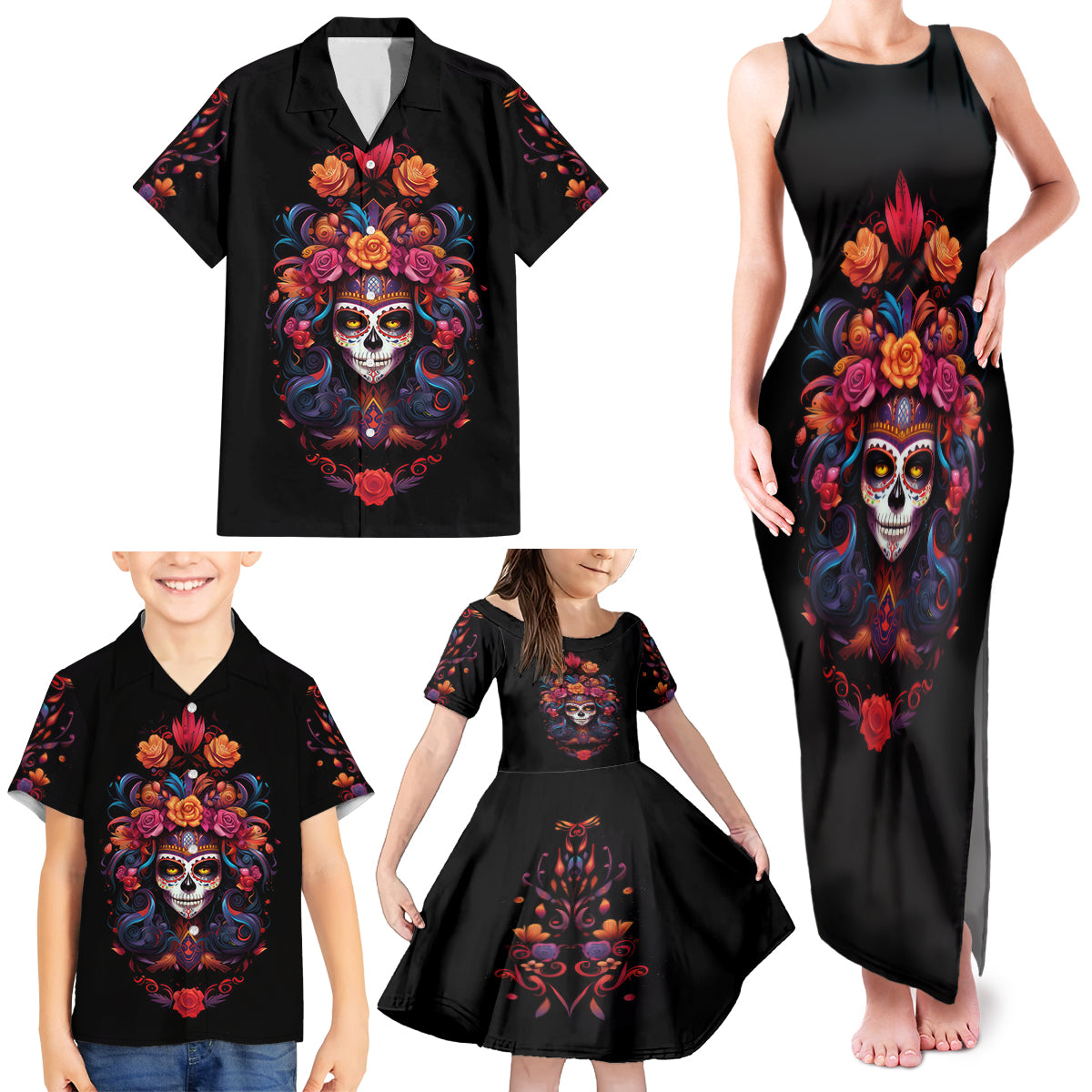 Day of Dead Skull Family Matching Tank Maxi Dress and Hawaiian Shirt Sugar Skull Festival Lady - Wonder Print Shop
