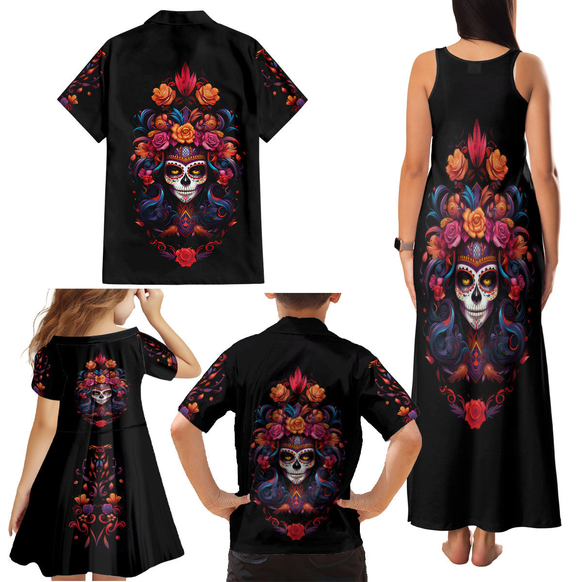 Day of Dead Skull Family Matching Tank Maxi Dress and Hawaiian Shirt Sugar Skull Festival Lady - Wonder Print Shop