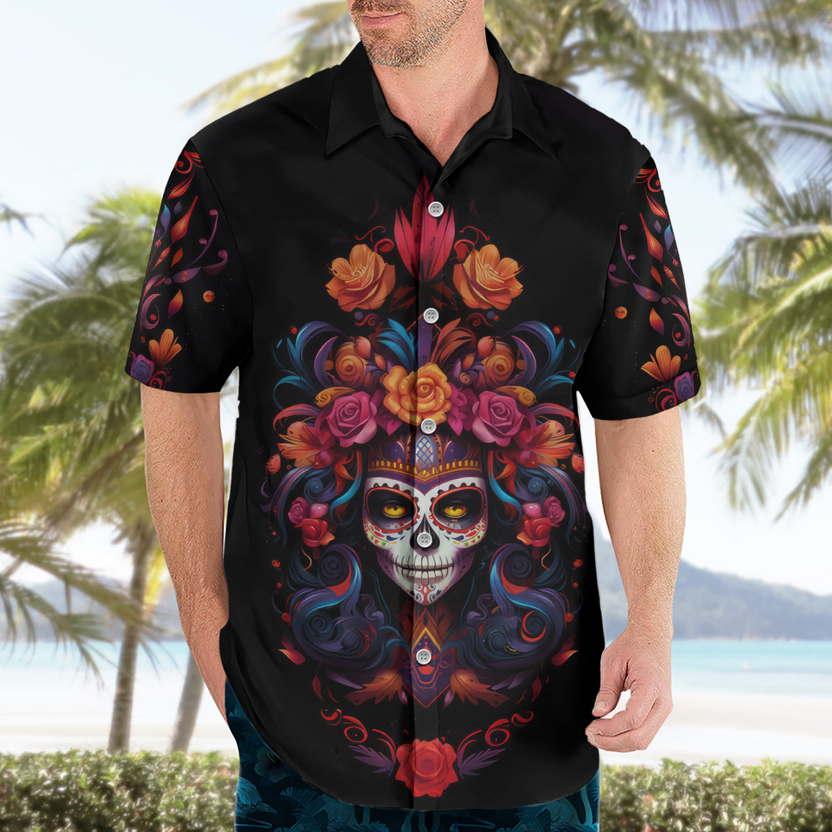 Day of Dead Skull Hawaiian Shirt Sugar Skull Festival Lady - Wonder Print Shop