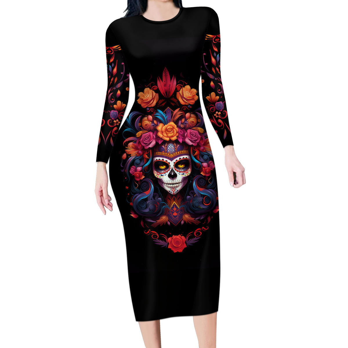 Day of Dead Skull Long Sleeve Bodycon Dress Sugar Skull Festival Lady - Wonder Print Shop
