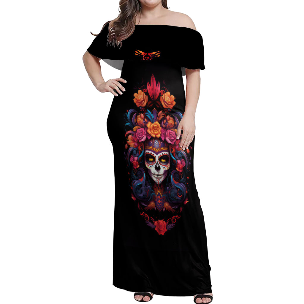 Day of Dead Skull Off Shoulder Maxi Dress Sugar Skull Festival Lady - Wonder Print Shop