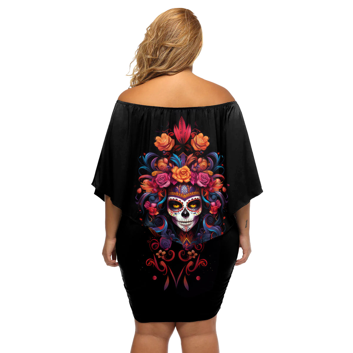 Day of Dead Skull Off Shoulder Short Dress Sugar Skull Festival Lady - Wonder Print Shop