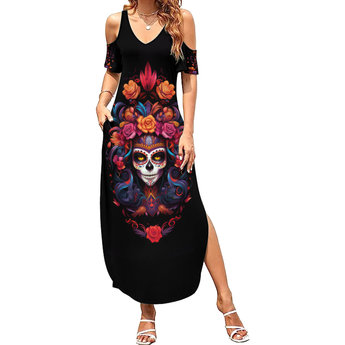 Day of Dead Skull Summer Maxi Dress Sugar Skull Festival Lady - Wonder Print Shop