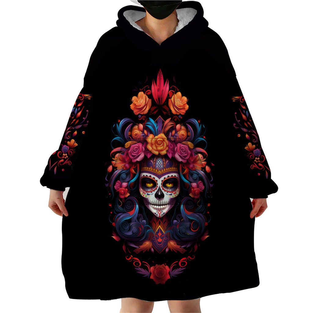 Day of Dead Skull Wearable Blanket Hoodie Sugar Skull Festival Lady - Wonder Print Shop