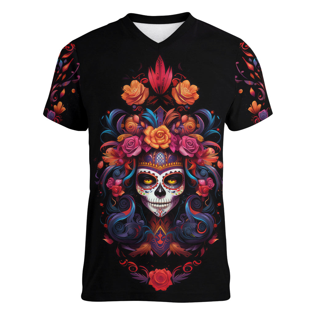 Day of Dead Skull Women V Neck T Shirt Sugar Skull Festival Lady - Wonder Print Shop