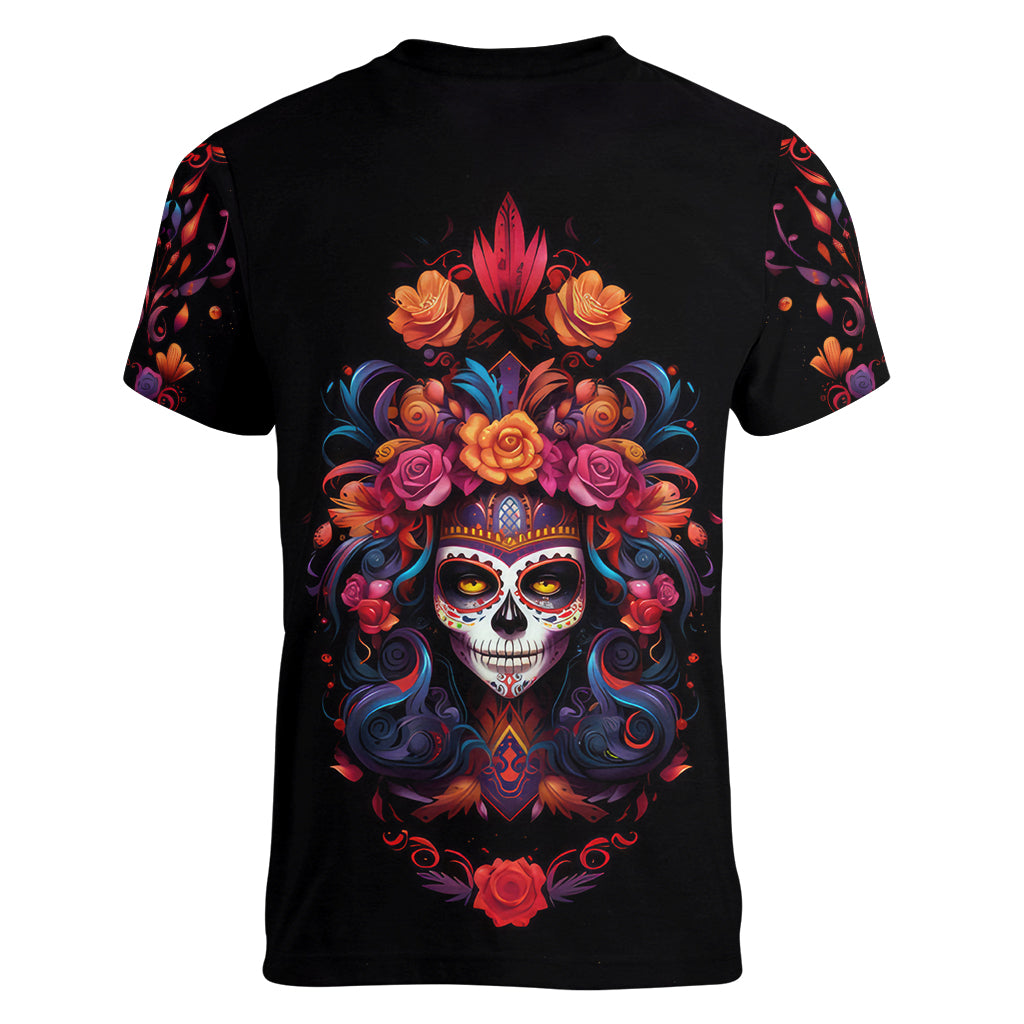 Day of Dead Skull Women V Neck T Shirt Sugar Skull Festival Lady - Wonder Print Shop