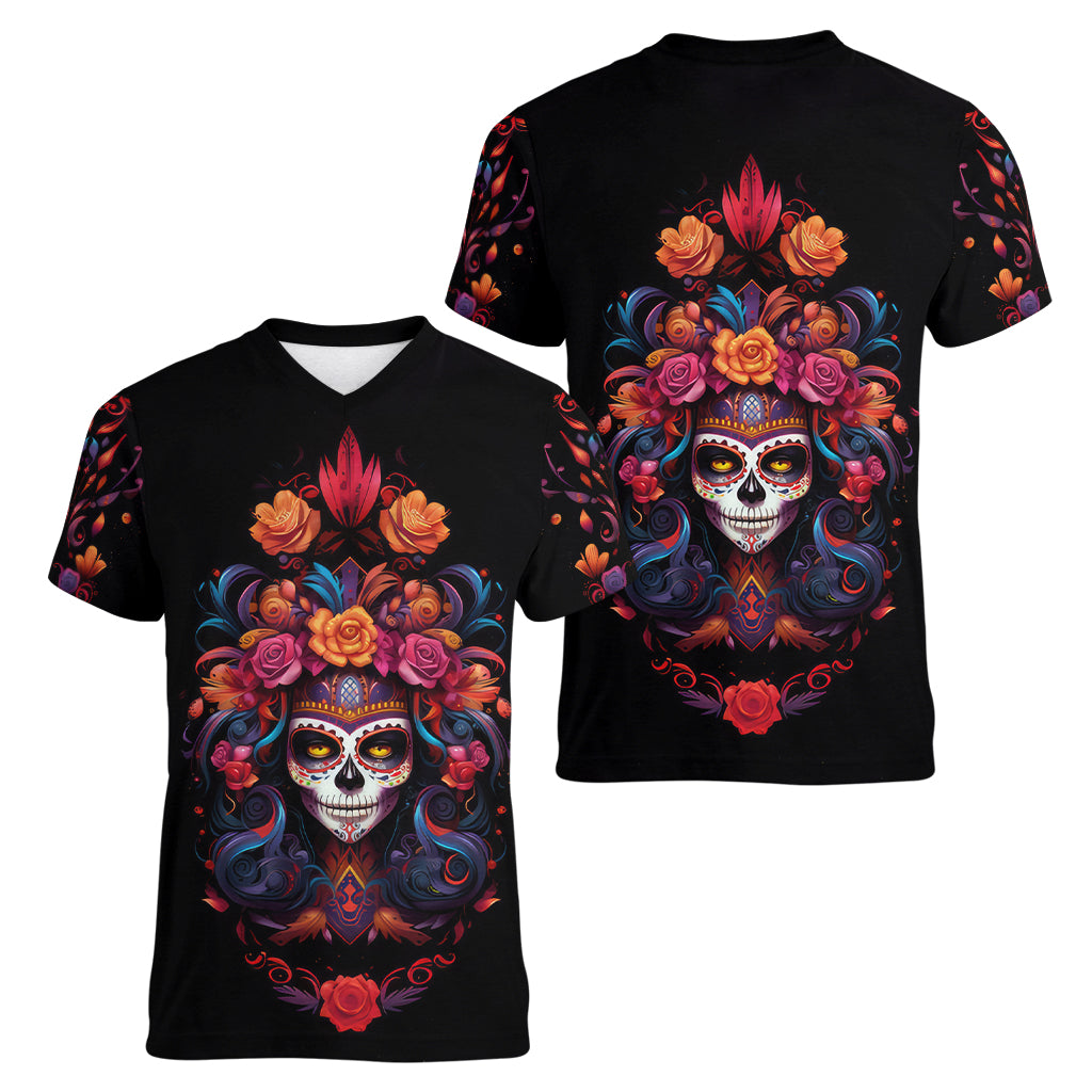 Day of Dead Skull Women V Neck T Shirt Sugar Skull Festival Lady - Wonder Print Shop