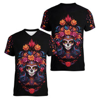 Day of Dead Skull Women V Neck T Shirt Sugar Skull Festival Lady - Wonder Print Shop