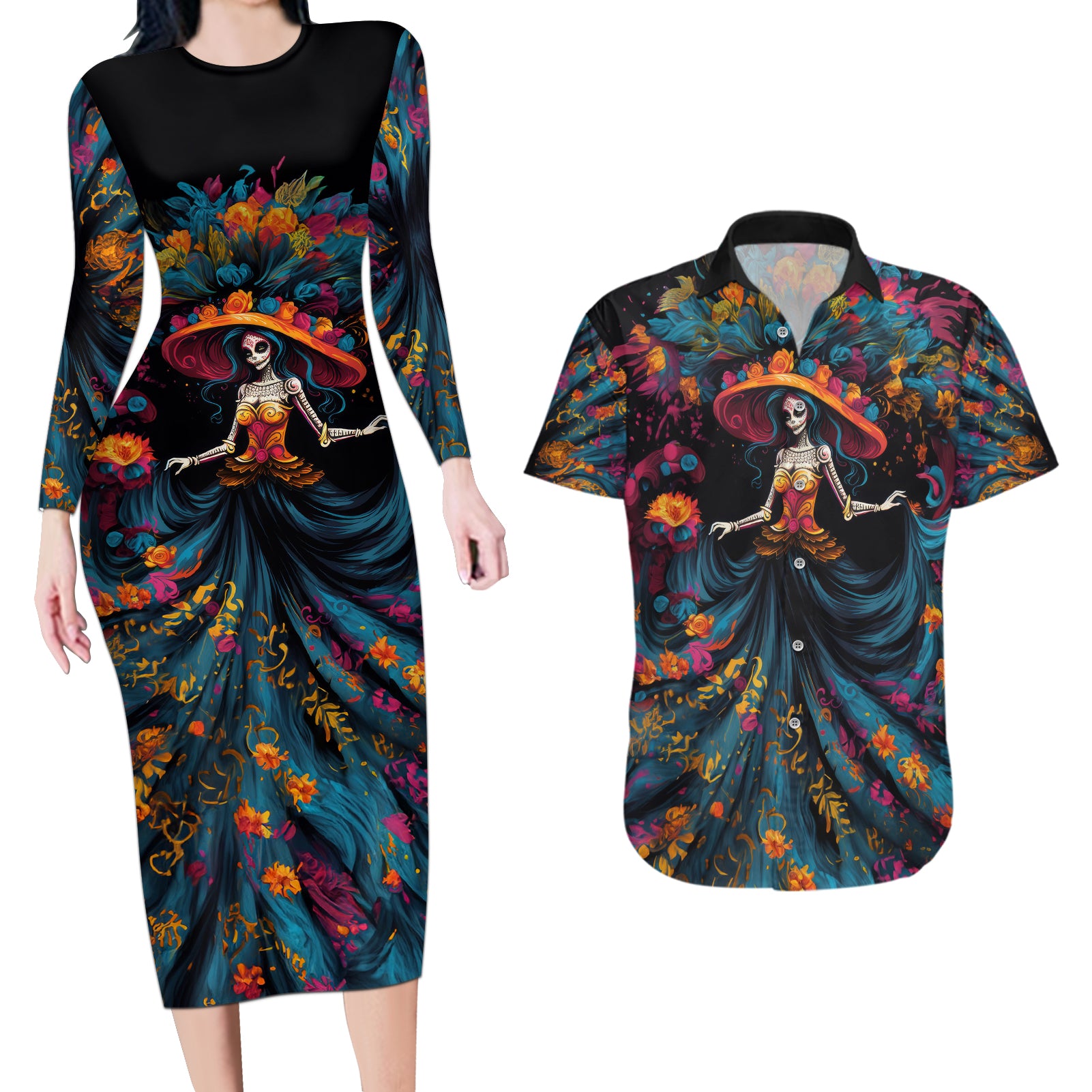 Day of Dead Lady Couples Matching Long Sleeve Bodycon Dress and Hawaiian Shirt Sugar Skull Lady Dancing - Wonder Print Shop