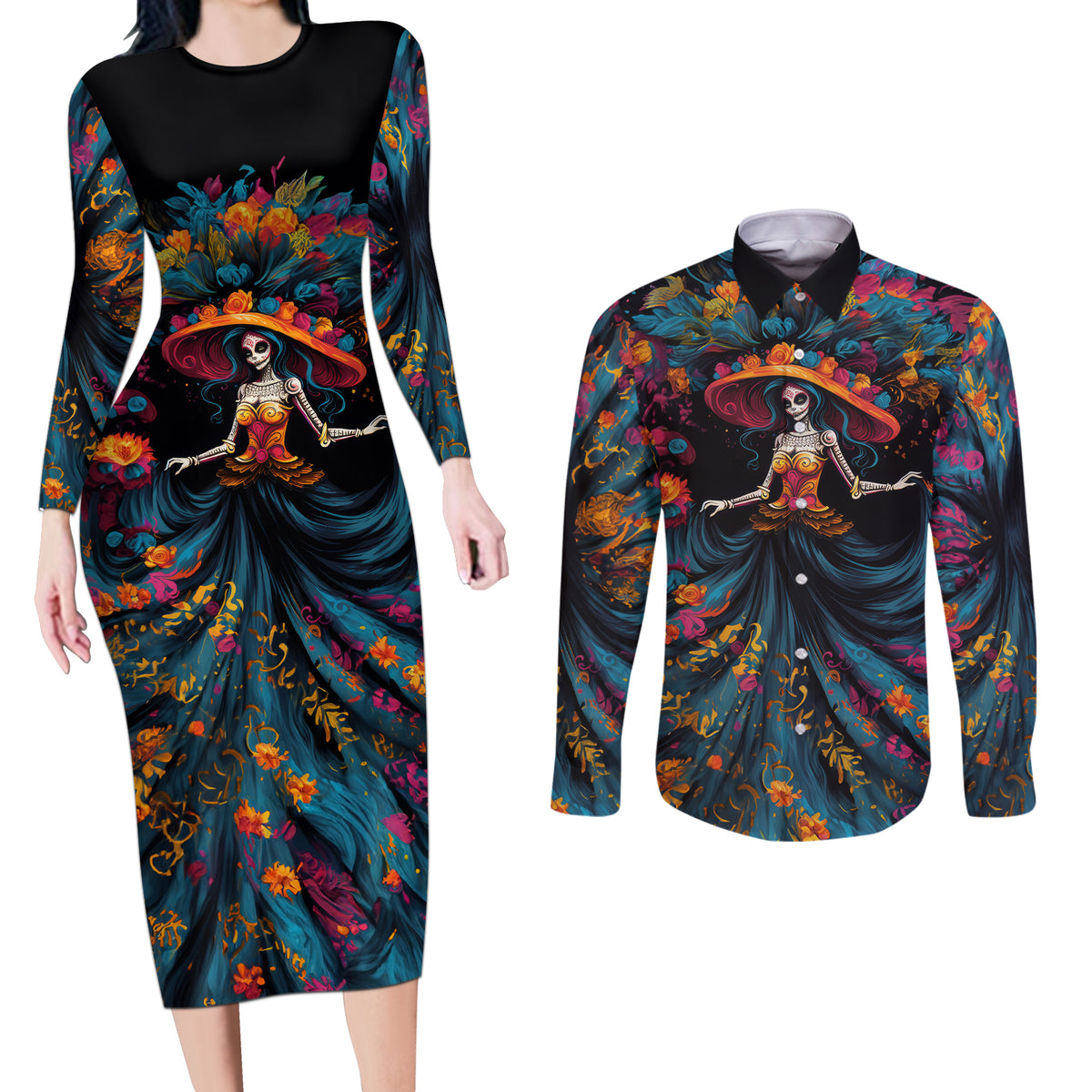 Day of Dead Lady Couples Matching Long Sleeve Bodycon Dress and Long Sleeve Button Shirt Sugar Skull Lady Dancing - Wonder Print Shop