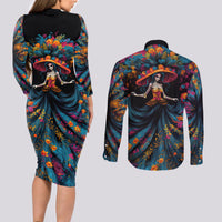 Day of Dead Lady Couples Matching Long Sleeve Bodycon Dress and Long Sleeve Button Shirt Sugar Skull Lady Dancing - Wonder Print Shop