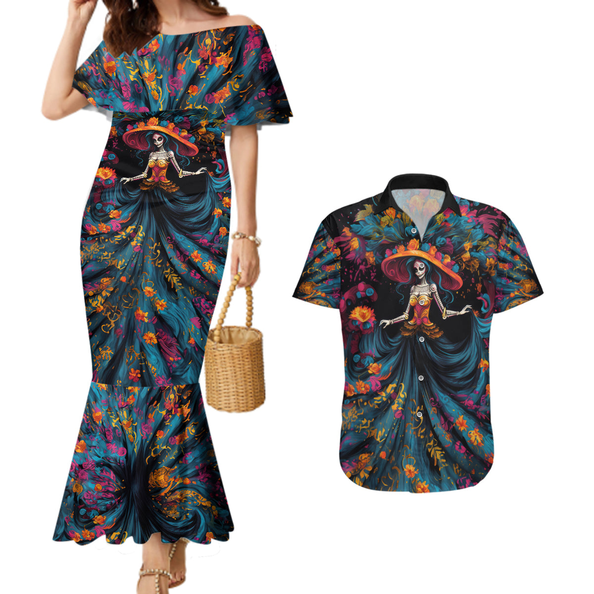 Day of Dead Lady Couples Matching Mermaid Dress and Hawaiian Shirt Sugar Skull Lady Dancing - Wonder Print Shop