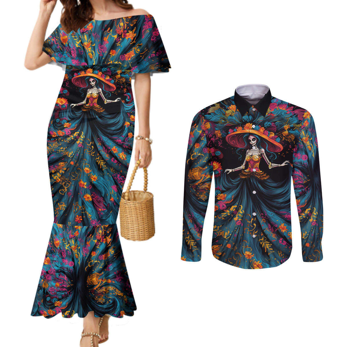 day-of-dead-lady-couples-matching-mermaid-dress-and-long-sleeve-button-shirt-sugar-skull-lady-dancing