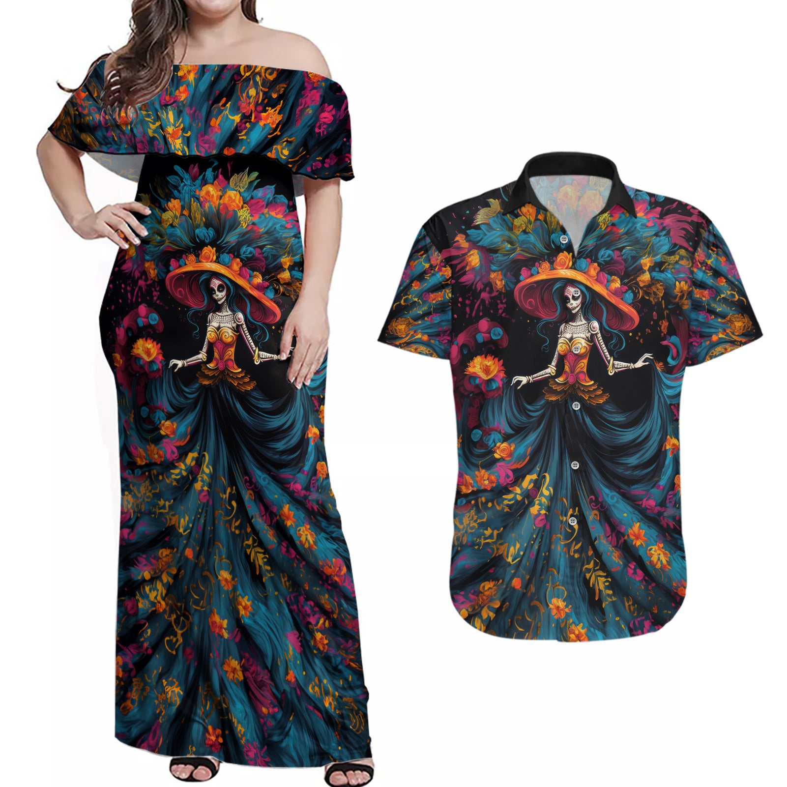 Day of Dead Lady Couples Matching Off Shoulder Maxi Dress and Hawaiian Shirt Sugar Skull Lady Dancing - Wonder Print Shop