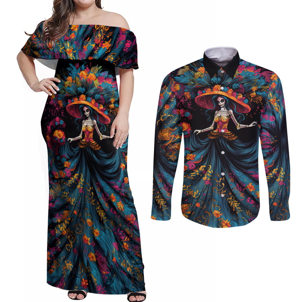 Day of Dead Lady Couples Matching Off Shoulder Maxi Dress and Long Sleeve Button Shirt Sugar Skull Lady Dancing - Wonder Print Shop