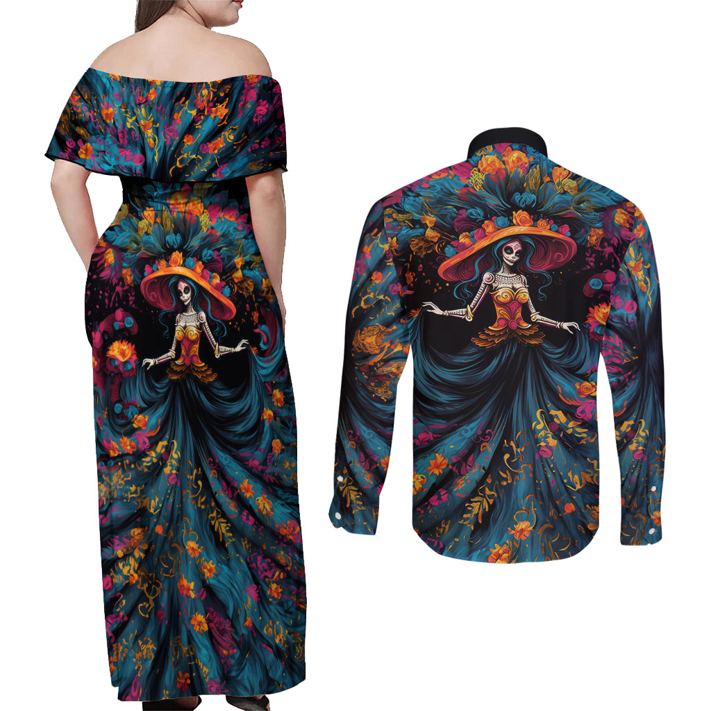 Day of Dead Lady Couples Matching Off Shoulder Maxi Dress and Long Sleeve Button Shirt Sugar Skull Lady Dancing - Wonder Print Shop