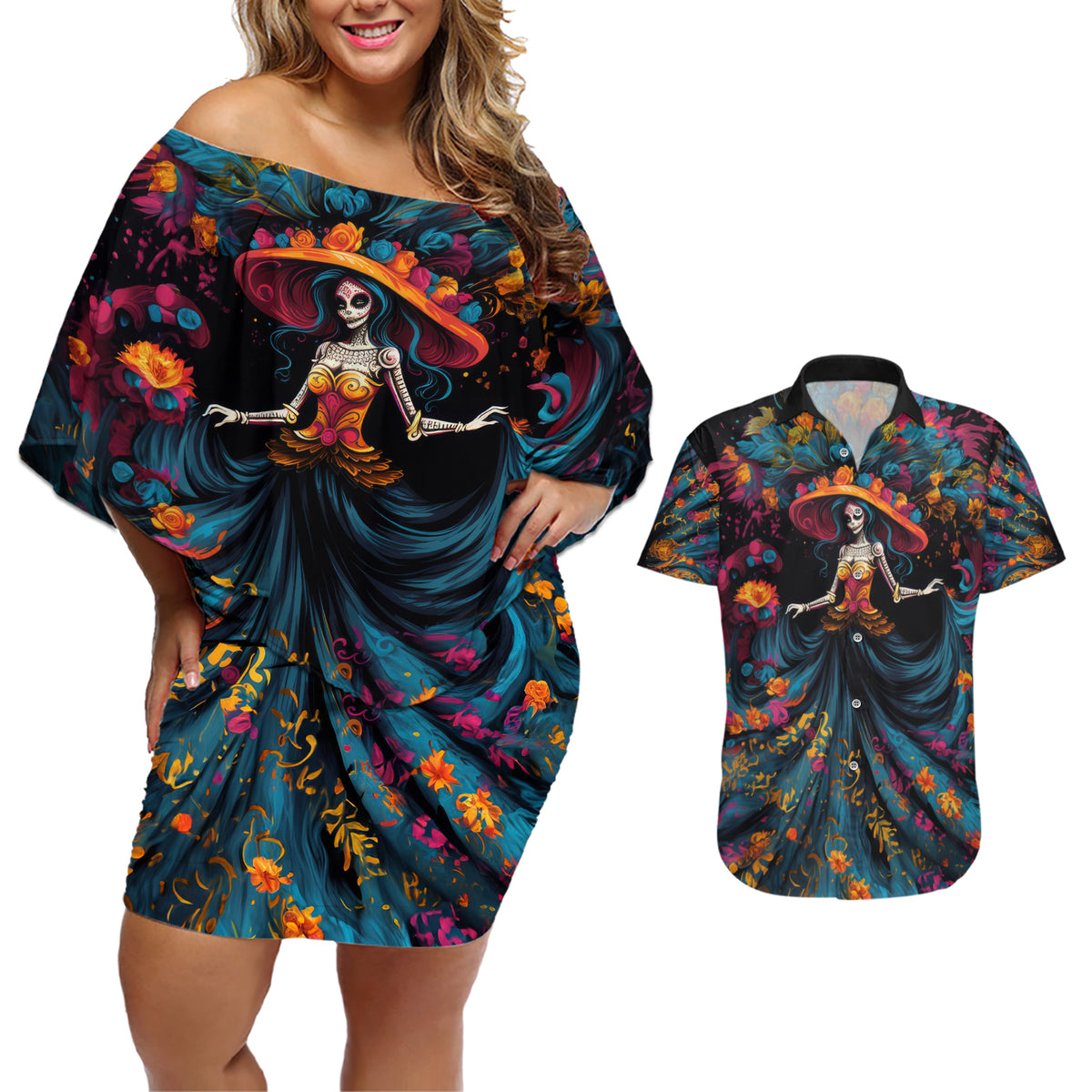 Day of Dead Lady Couples Matching Off Shoulder Short Dress and Hawaiian Shirt Sugar Skull Lady Dancing - Wonder Print Shop