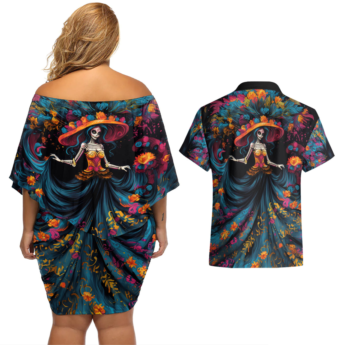 Day of Dead Lady Couples Matching Off Shoulder Short Dress and Hawaiian Shirt Sugar Skull Lady Dancing - Wonder Print Shop
