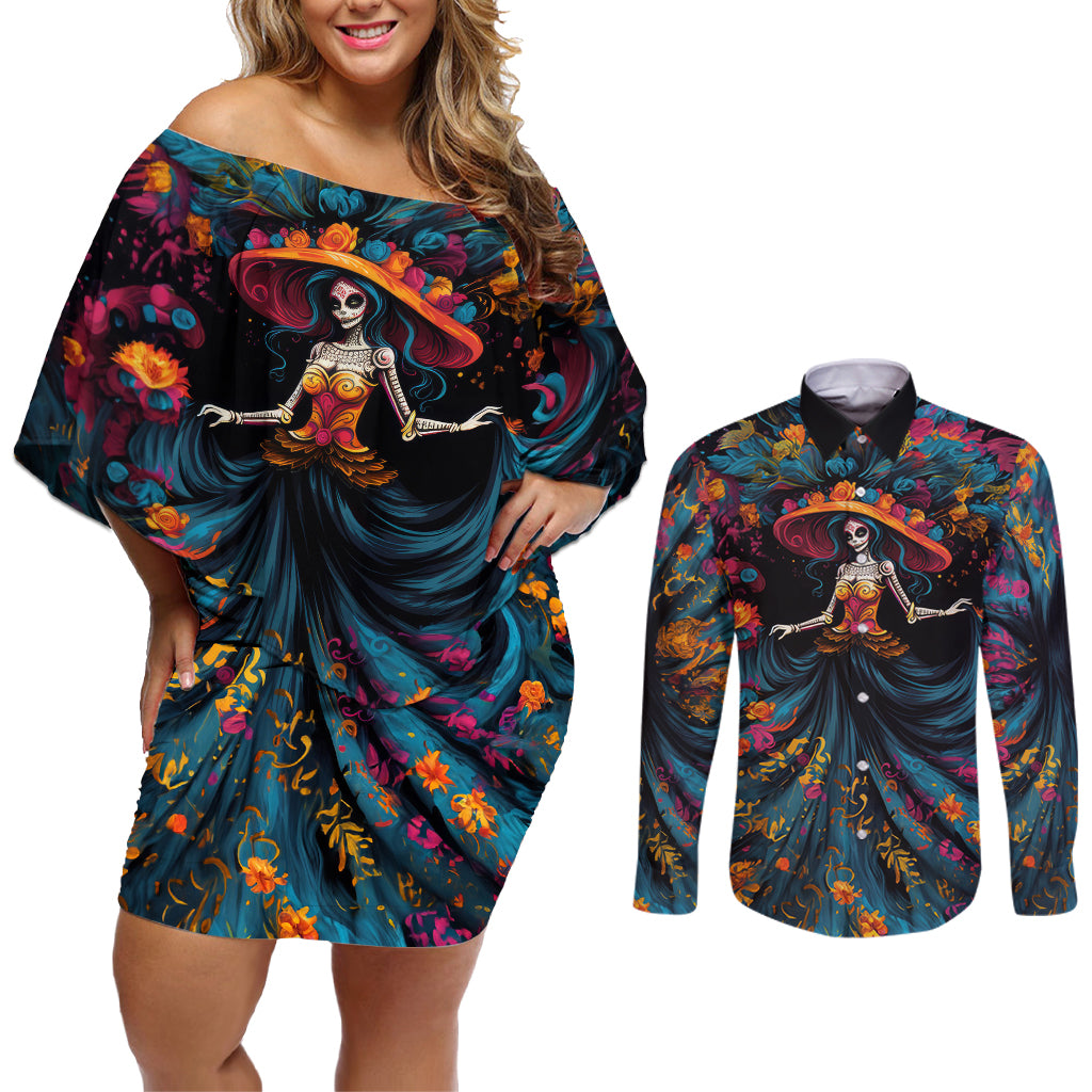 Day of Dead Lady Couples Matching Off Shoulder Short Dress and Long Sleeve Button Shirt Sugar Skull Lady Dancing - Wonder Print Shop