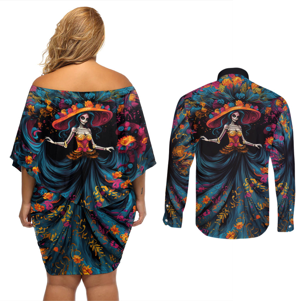 Day of Dead Lady Couples Matching Off Shoulder Short Dress and Long Sleeve Button Shirt Sugar Skull Lady Dancing - Wonder Print Shop