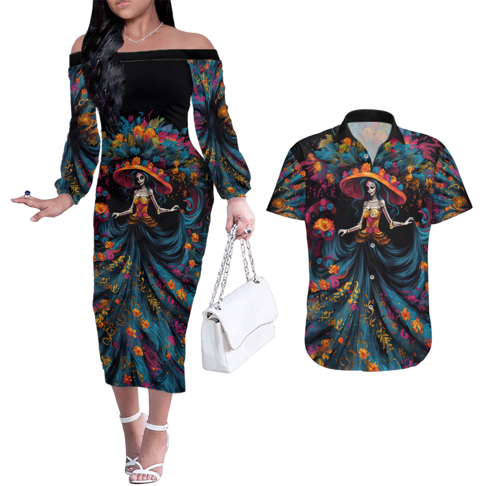 Day of Dead Lady Couples Matching Off The Shoulder Long Sleeve Dress and Hawaiian Shirt Sugar Skull Lady Dancing - Wonder Print Shop