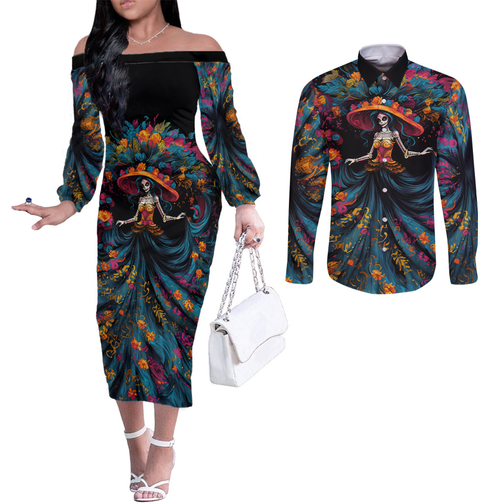 day-of-dead-lady-couples-matching-off-the-shoulder-long-sleeve-dress-and-long-sleeve-button-shirt-sugar-skull-lady-dancing