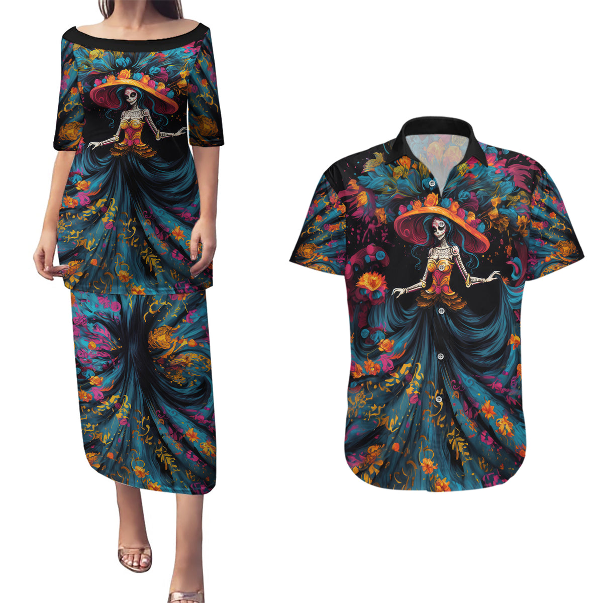 Day of Dead Lady Couples Matching Puletasi Dress and Hawaiian Shirt Sugar Skull Lady Dancing - Wonder Print Shop