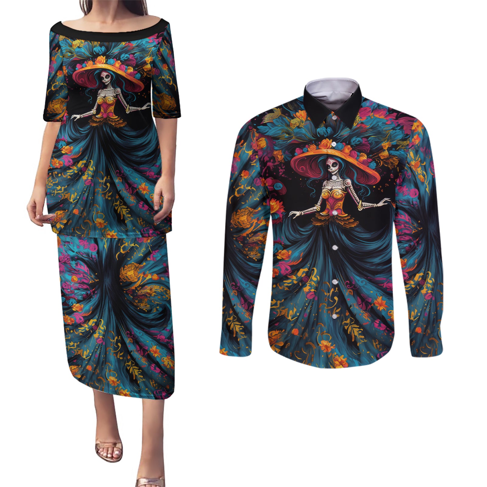 Day of Dead Lady Couples Matching Puletasi Dress and Long Sleeve Button Shirt Sugar Skull Lady Dancing - Wonder Print Shop