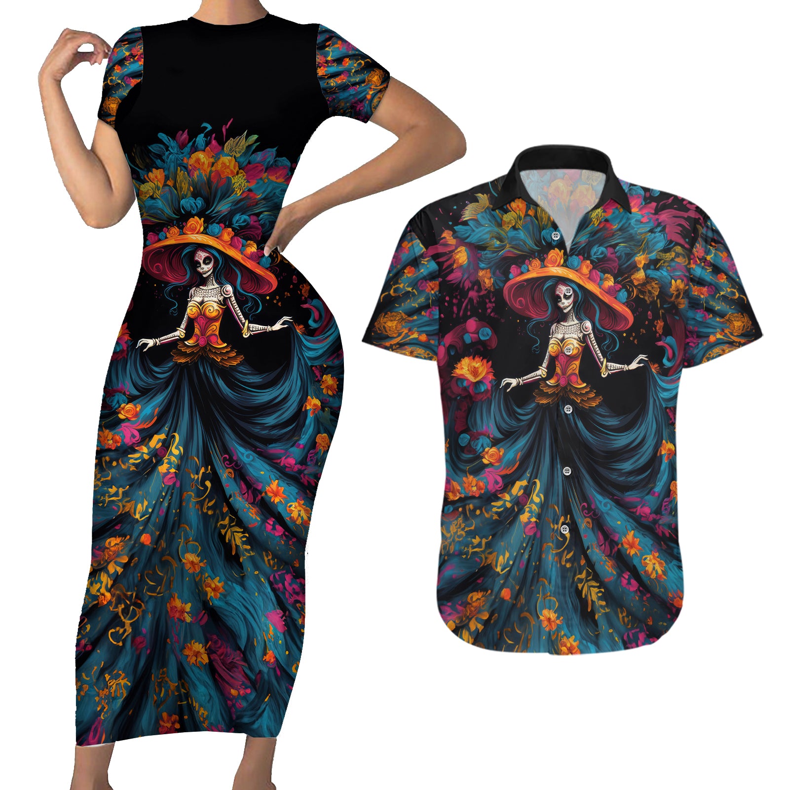 Day of Dead Lady Couples Matching Short Sleeve Bodycon Dress and Hawaiian Shirt Sugar Skull Lady Dancing - Wonder Print Shop