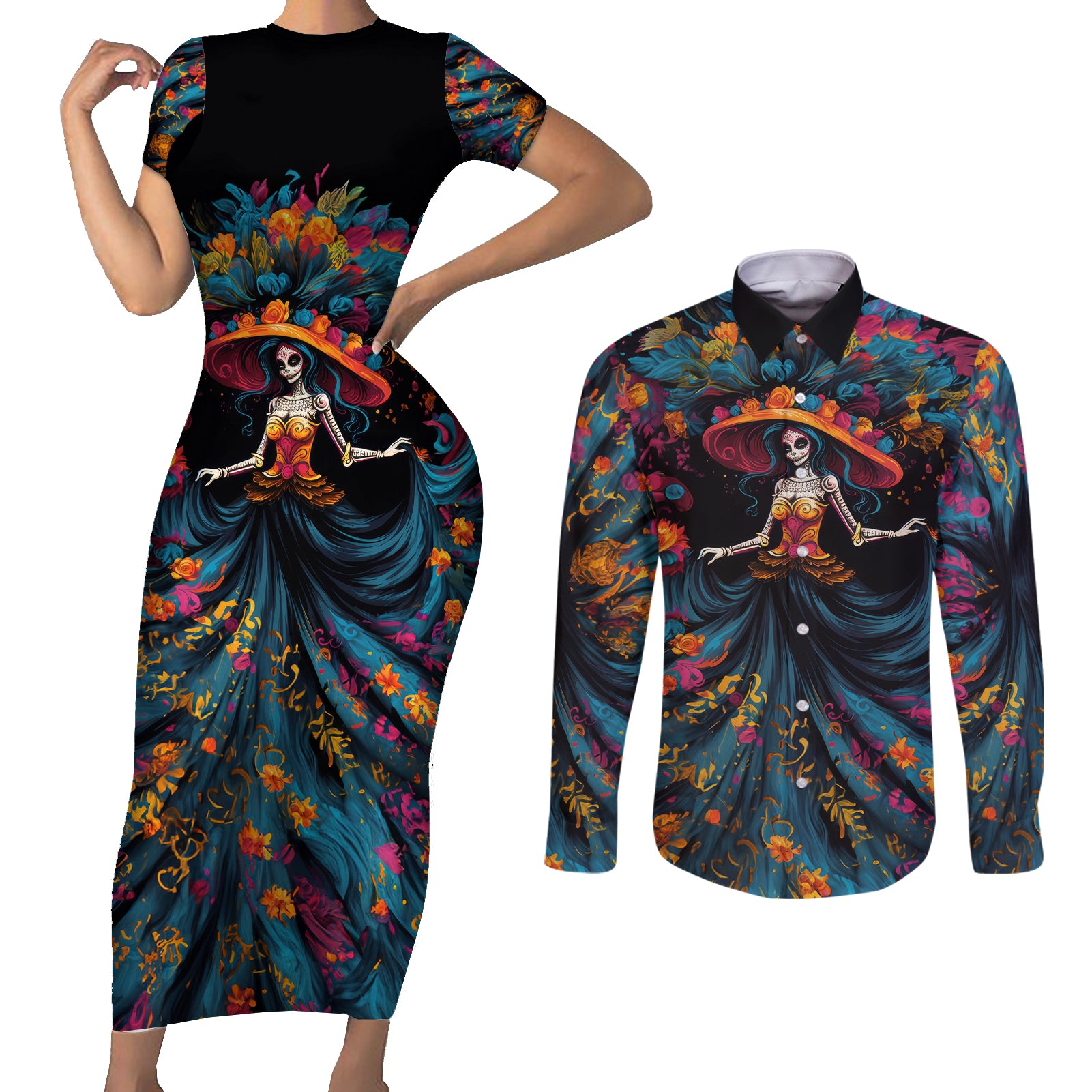 Day of Dead Lady Couples Matching Short Sleeve Bodycon Dress and Long Sleeve Button Shirt Sugar Skull Lady Dancing - Wonder Print Shop