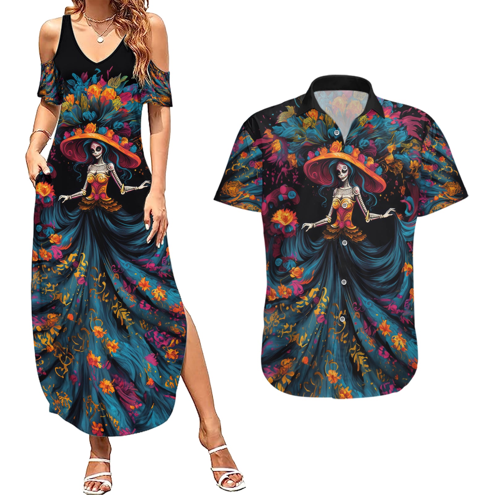 Day of Dead Lady Couples Matching Summer Maxi Dress and Hawaiian Shirt Sugar Skull Lady Dancing - Wonder Print Shop
