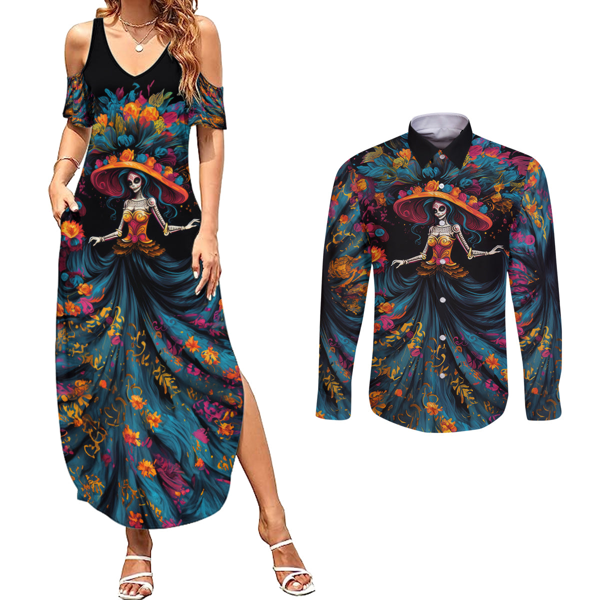 Day of Dead Lady Couples Matching Summer Maxi Dress and Long Sleeve Button Shirt Sugar Skull Lady Dancing - Wonder Print Shop