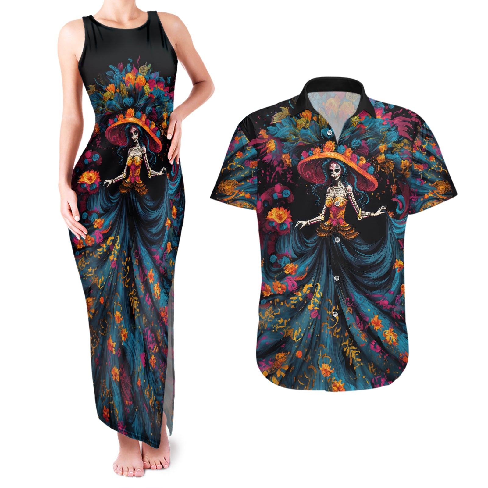 Day of Dead Lady Couples Matching Tank Maxi Dress and Hawaiian Shirt Sugar Skull Lady Dancing - Wonder Print Shop