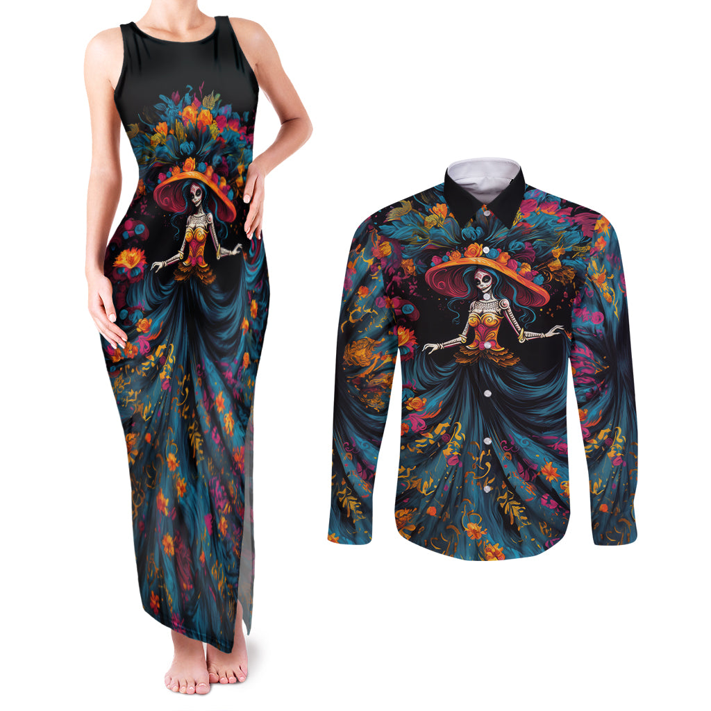 Day of Dead Lady Couples Matching Tank Maxi Dress and Long Sleeve Button Shirt Sugar Skull Lady Dancing - Wonder Print Shop