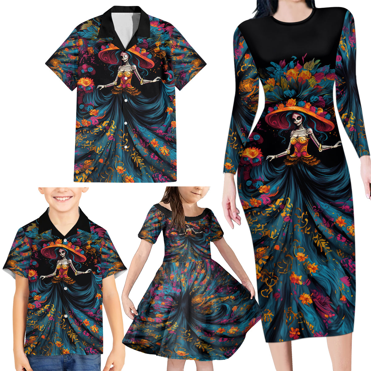 Day of Dead Lady Family Matching Long Sleeve Bodycon Dress and Hawaiian Shirt Sugar Skull Lady Dancing - Wonder Print Shop