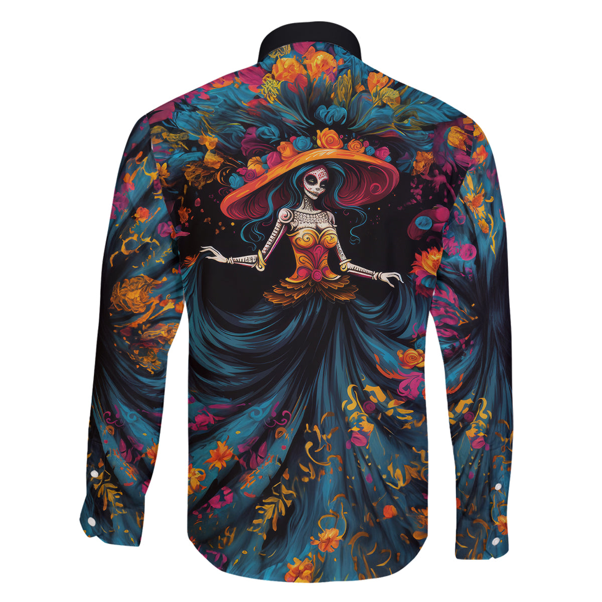 Day of Dead Lady Family Matching Long Sleeve Bodycon Dress and Hawaiian Shirt Sugar Skull Lady Dancing - Wonder Print Shop