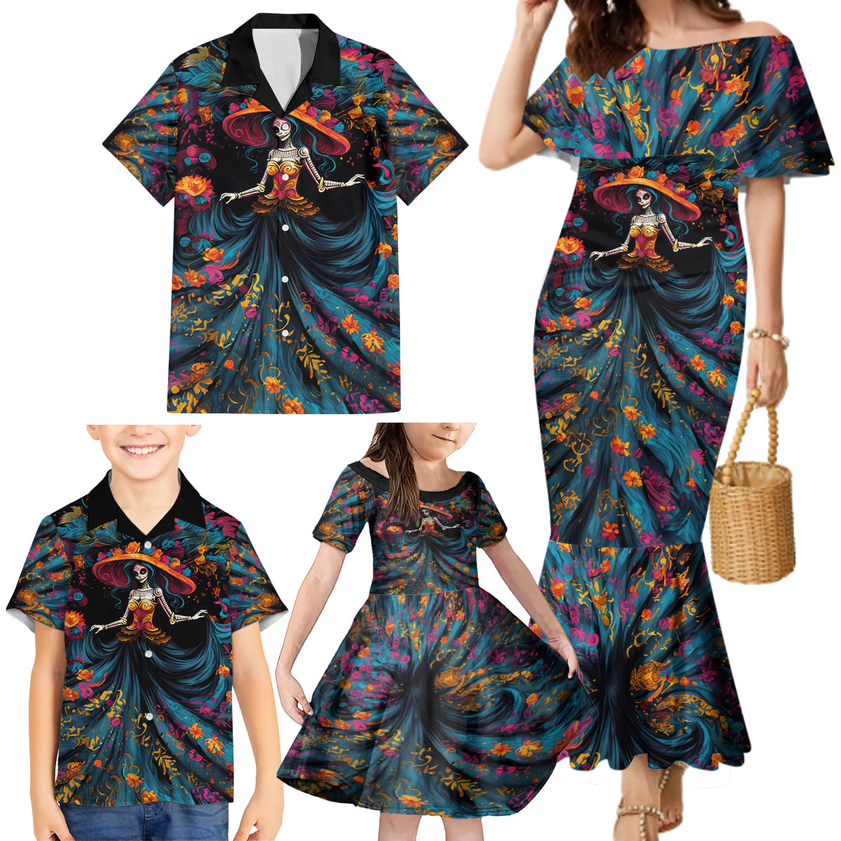 Day of Dead Lady Family Matching Mermaid Dress and Hawaiian Shirt Sugar Skull Lady Dancing - Wonder Print Shop