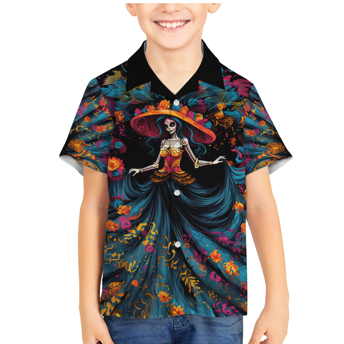 Day of Dead Lady Family Matching Mermaid Dress and Hawaiian Shirt Sugar Skull Lady Dancing - Wonder Print Shop