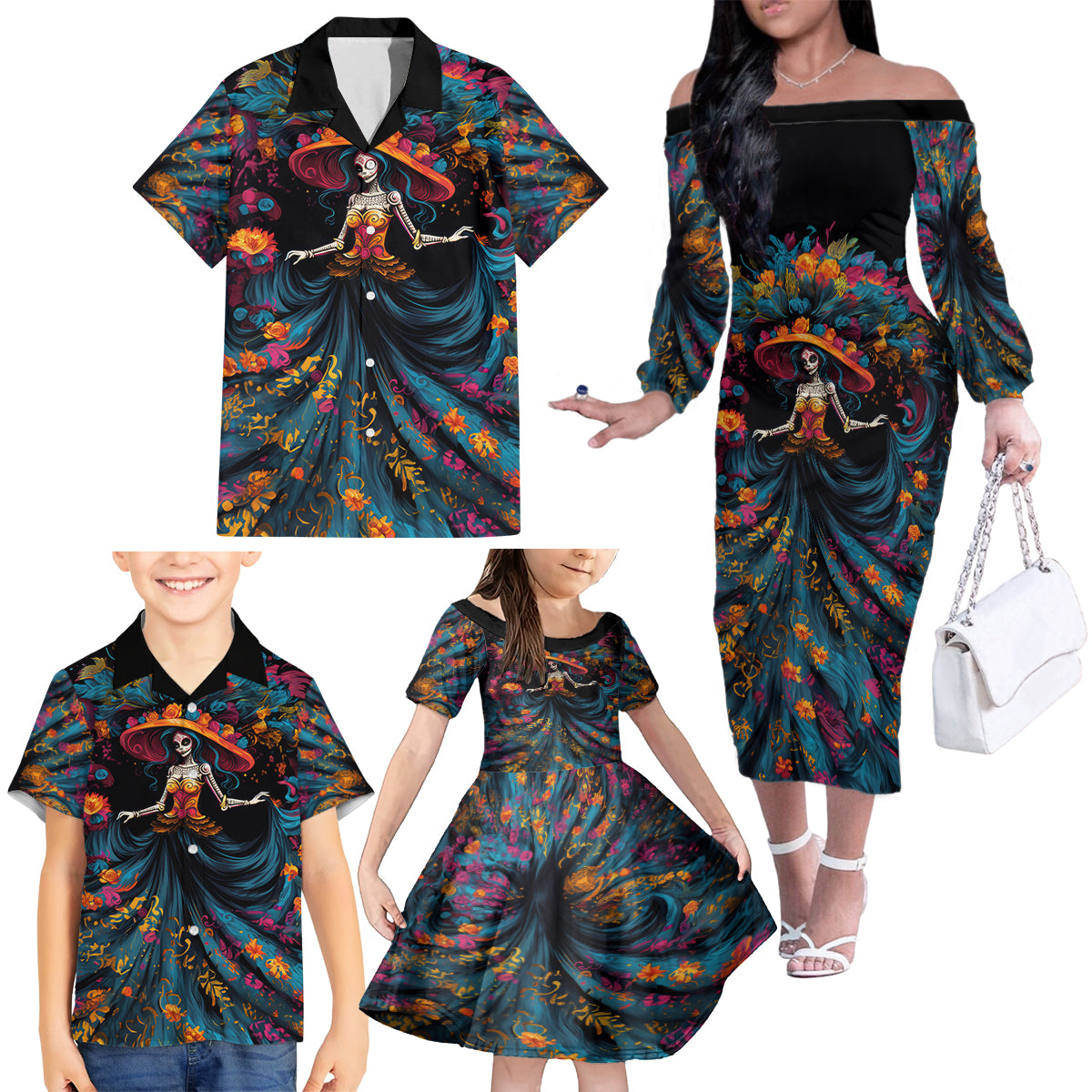 Day of Dead Lady Family Matching Off Shoulder Long Sleeve Dress and Hawaiian Shirt Sugar Skull Lady Dancing - Wonder Print Shop