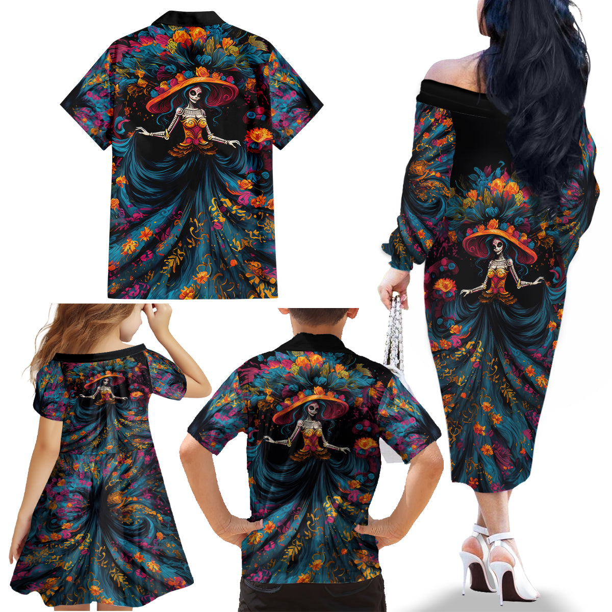 Day of Dead Lady Family Matching Off Shoulder Long Sleeve Dress and Hawaiian Shirt Sugar Skull Lady Dancing - Wonder Print Shop
