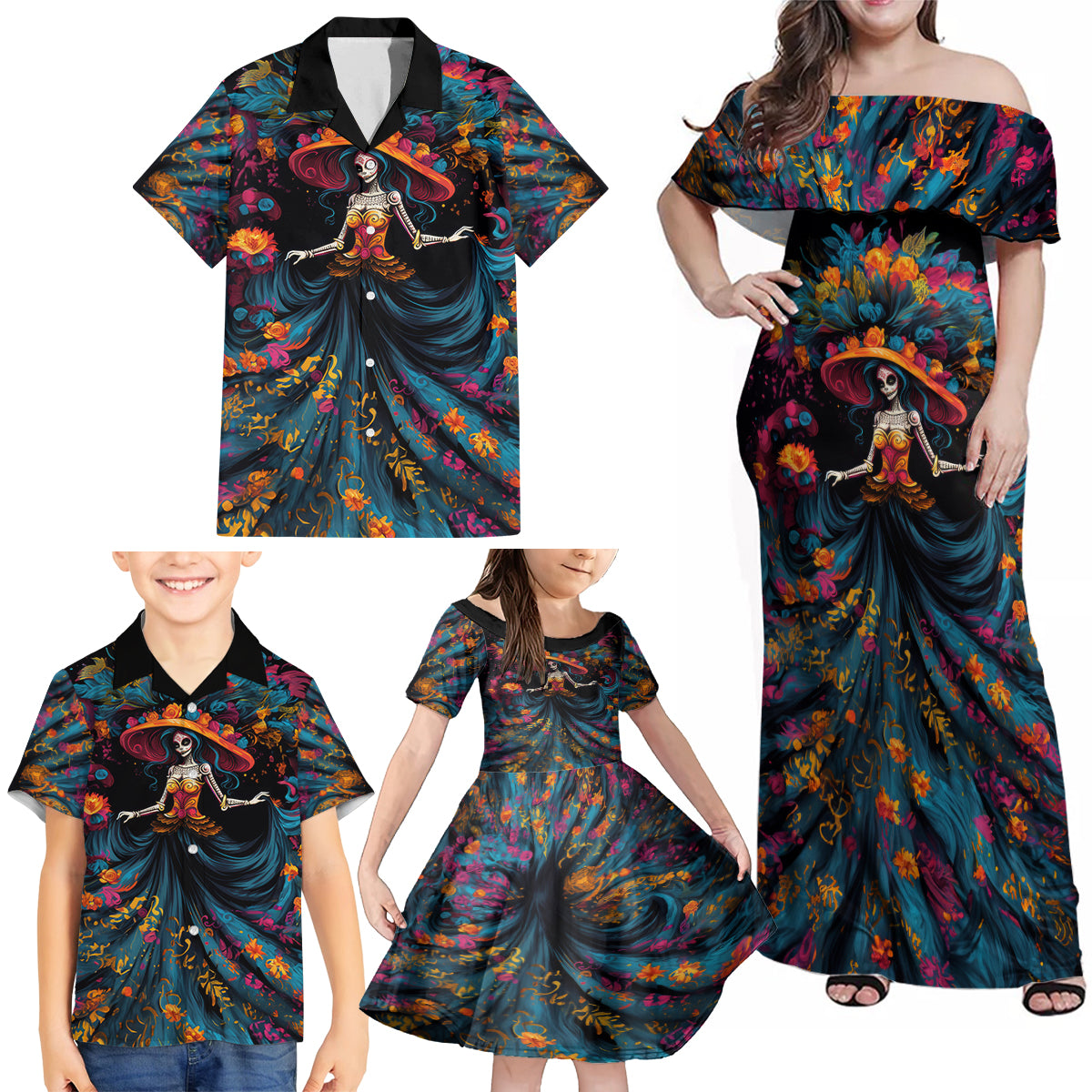 Day of Dead Lady Family Matching Off Shoulder Maxi Dress and Hawaiian Shirt Sugar Skull Lady Dancing - Wonder Print Shop