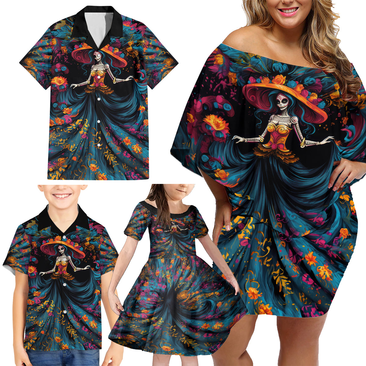 Day of Dead Lady Family Matching Off Shoulder Short Dress and Hawaiian Shirt Sugar Skull Lady Dancing - Wonder Print Shop