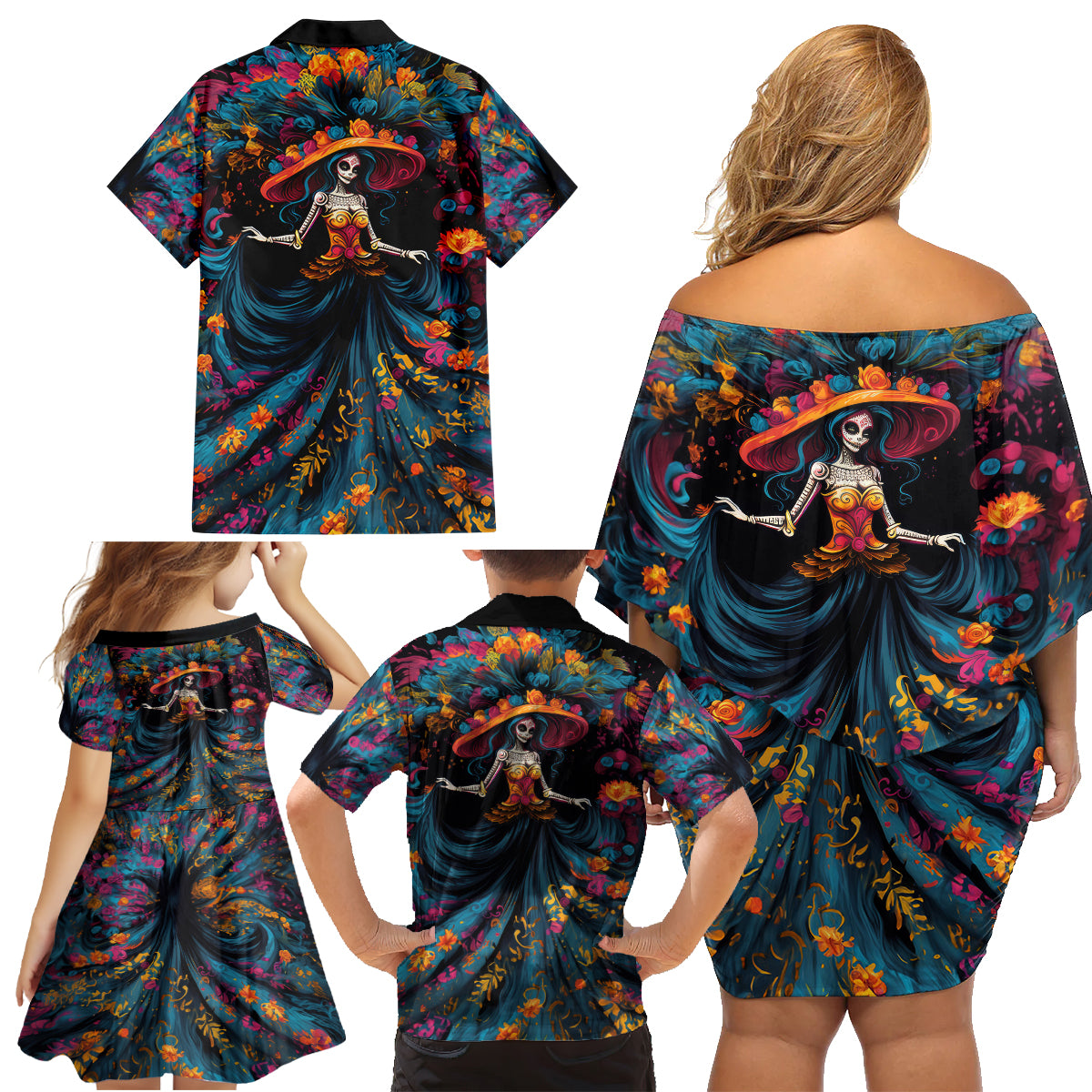 Day of Dead Lady Family Matching Off Shoulder Short Dress and Hawaiian Shirt Sugar Skull Lady Dancing - Wonder Print Shop