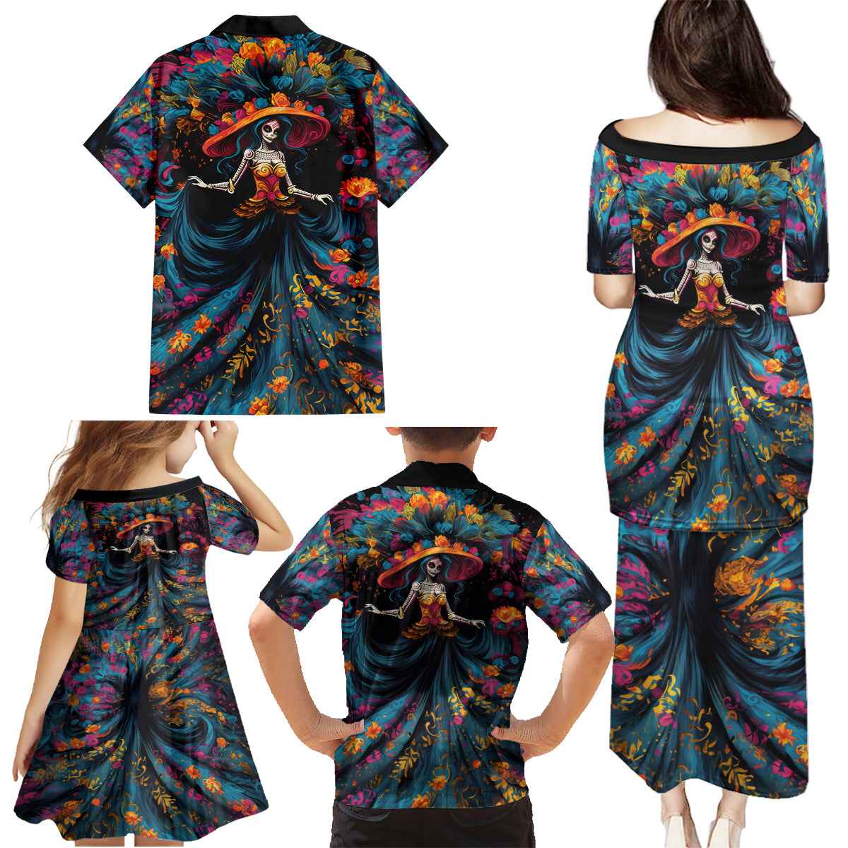 Day of Dead Lady Family Matching Puletasi Dress and Hawaiian Shirt Sugar Skull Lady Dancing - Wonder Print Shop