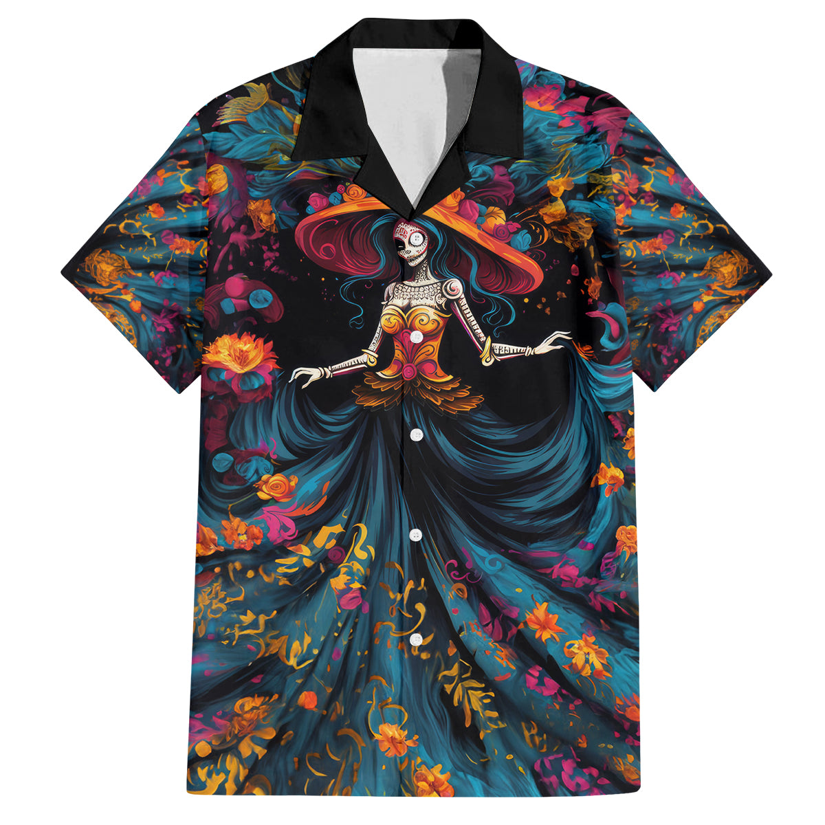 Day of Dead Lady Family Matching Puletasi Dress and Hawaiian Shirt Sugar Skull Lady Dancing - Wonder Print Shop